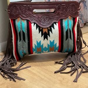 American Darling Brown Fringe Southwestern Tote with Turquoise and Red Accents